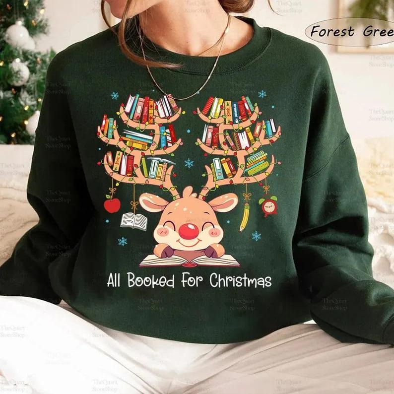 Christmas Books Sweater, Reindeer Books Xmas Tee, All Booked For Christmas Merry Teacher Librarian Sweatshirt, Books Lover Gift, Nerd Shirt