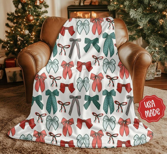 Christmas Bow Blanket, Cute Holiday Throw Blanket, Xmas Decor