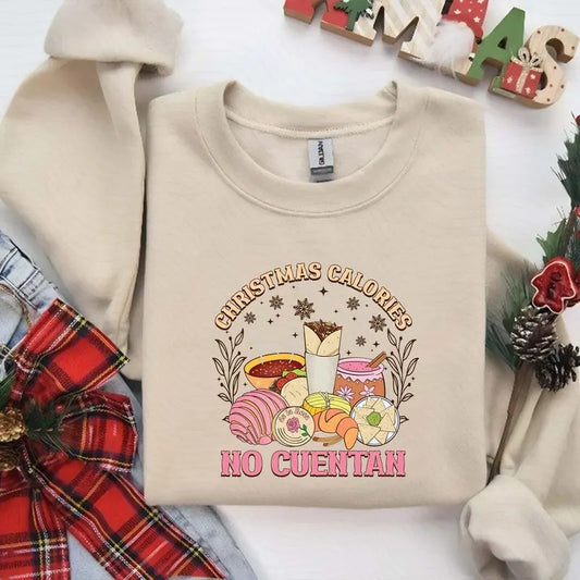 Christmas Calories No Cuentan Mexican Snacks Sweater, Pan Dulce Tee, Feliz Navidad Tis the Season Shirt, Christmastide Classic Cotton Fabric Menswear