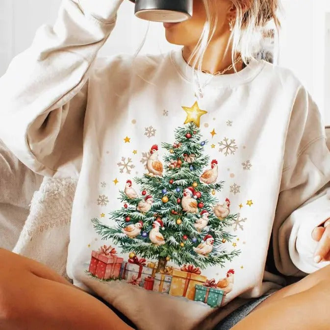 Christmas Chicken Coquette Bow Sweatshirt, Chicken Christmas Tree Shirt, Trendy Chicken Xmas, Chicken Mom Lover T Shirt, Christmas Chicken Ornaments