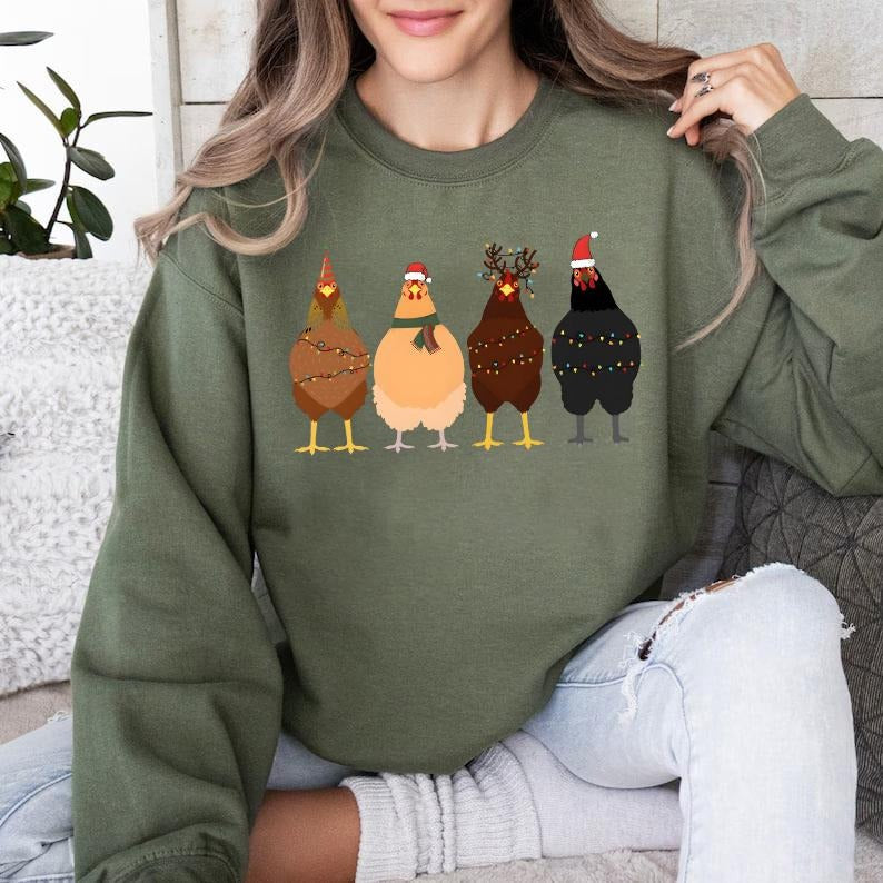 Christmas Chickens Sweatshirt, Cute Chicken Farm Animals Holiday Shirt Long Sleeve, Chicken Lover Gift, Funny Chicken Sweater, Chicken Mom
