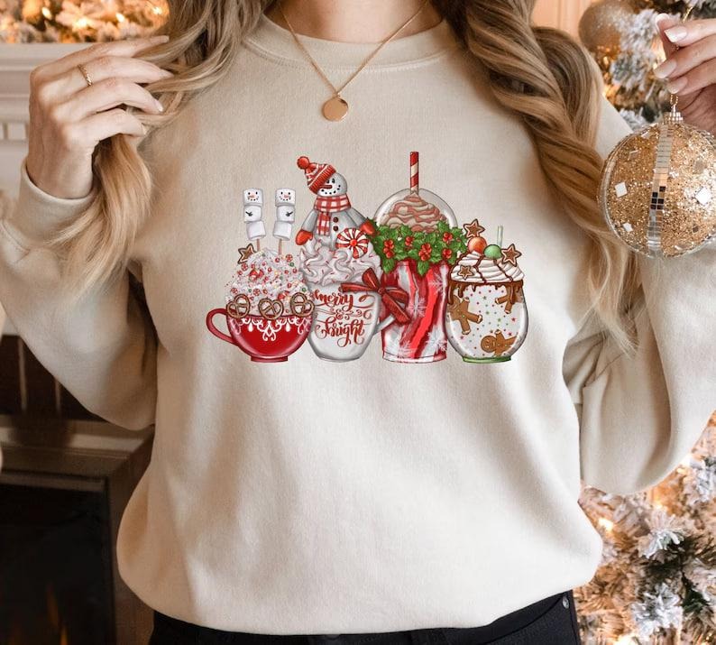 Christmas Coffee Sweatshirt, Hot Cocoa Sweatshirt , Coffee Lover Sweater, Christmas Gift, Coffee Lover Gift, Santa Sweater, Merry And Bright Shirt Tops Tops
