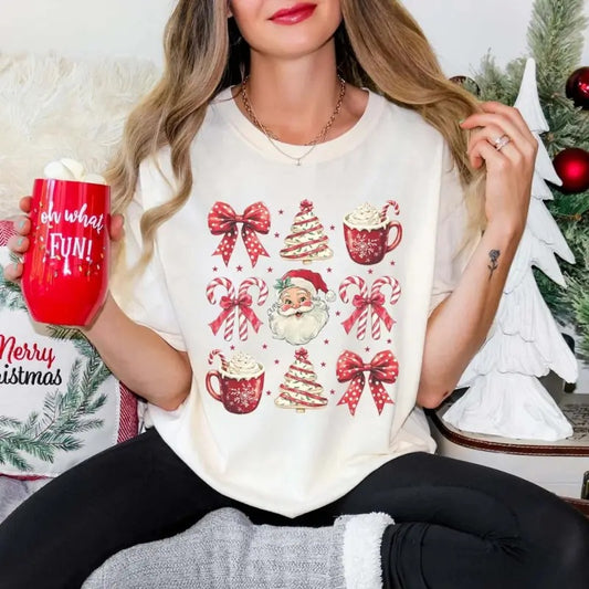 Christmas Coquette Bow Graphic Tee - Santa Claus - Candy Canes - Red Bow Collage - Hot Cocoa - Festive Bows - Cozy Season - Cute Christmas Gifts