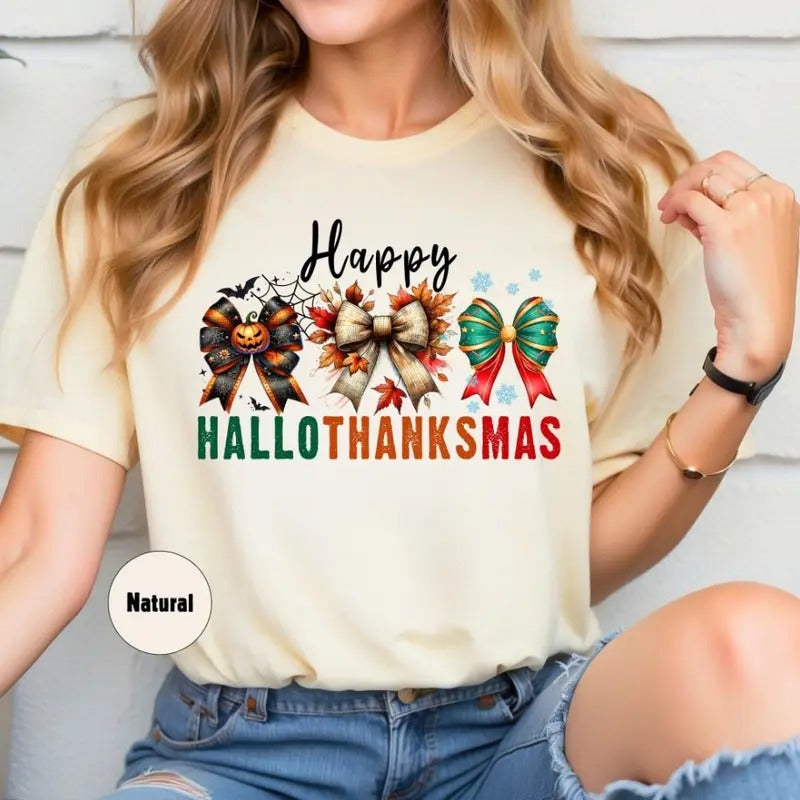 Christmas Coquette Bow Shirt Happy Hallothanksmas Shirt Funny Halloween Shirt Ribbons Christmas Shirt Ribbon Thanksgiving Shirt