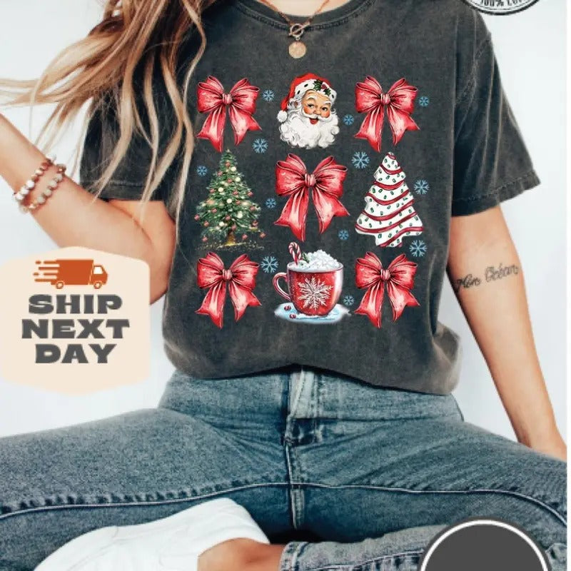 Christmas Coquette Bow Shirt, Woman Xmas Shirt, Christmas Girl Sweatshirt, Cute Winter Crewneck, Retro Holiday, Merry Christmas