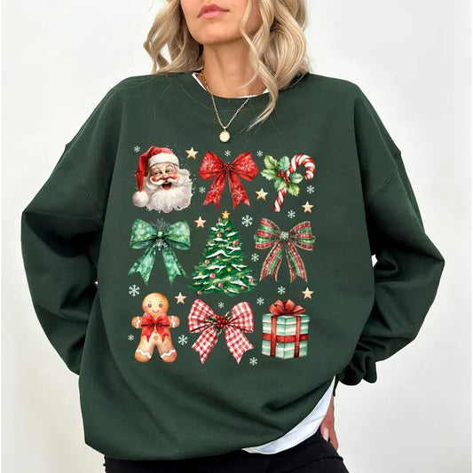Christmas Coquette Bow Sweatshirt, Girly Christmas Crewneck for Women, Santa Claus Christmas Tree Gift Sweater, Vintage Holiday Tops, 2024 Christmas Gift, Xmas Sweatshirt, Comfy Long Sleeve Pullover, Women's Tops, Casual Womenswear, Soft Fabric Cotton Top