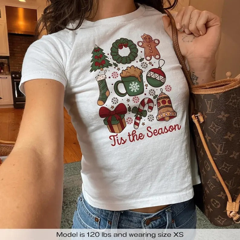 Christmas Coquette Y2K Baby Tee Shirt - Cute Santa Gingerbread Season Vintage Aesthetic Top for Women - Xmas Party Gift - Y2K Streetwear Style.