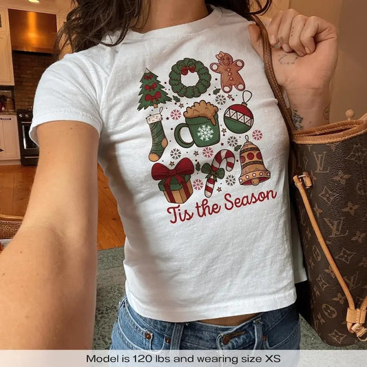 Christmas Coquette Y2K Baby Tee Shirt - Cute Santa Gingerbread Season Vintage Aesthetic Top for Women - Xmas Party Gift - Y2K Streetwear Style.