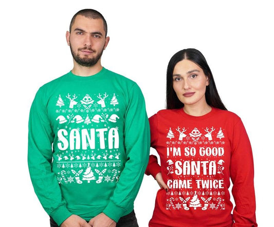 Christmas Couple Matching Sweatshirt, Funny Santa Shirt, Twice Husband Wife Ugly Sweater, Christmas Couple Gift, Long Sleeve Crewneck Shirt
