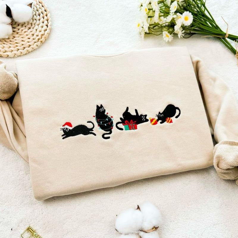 Christmas Cute Cat Embroidered Sweatshirt, Embroidered Funny Christmas Hoodie, Christmas Cute Cat Shirt, Cat Lover Crew Neck Sweatshirt, Black Cat Christmas Shirt, Embroidered Black Cat Hoodie