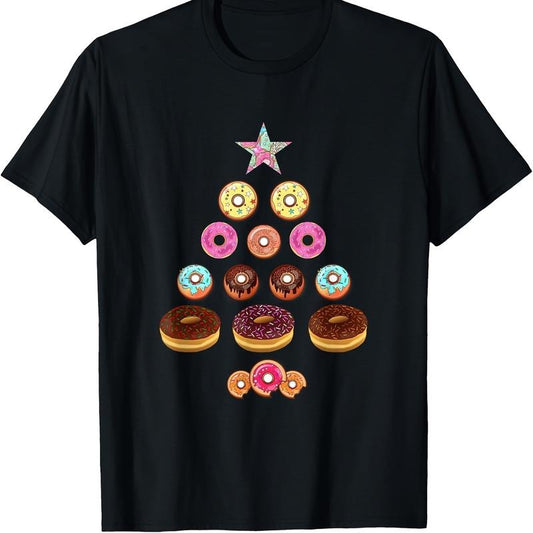 Christmas Donut Tree Graphic T-Shirt, 100% Cotton, Short Sleeve, Regular Fit, Knit Fabric, Cartoon Pattern, for Doughnut Lover Tee made in usa