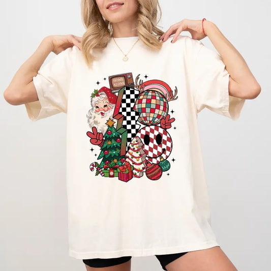 Christmas Doodles Graphic Shirt Comfort Colors, Girly Christmas Tee for Women, Santa Claus Christmas Tree Shirt, Checkered Smile Face Tshirt, Vintage Holiday T-shirt, 2024 Christmas Gift, Cotton Fabric Graphic Tee, Comfy Women's Tops, Casual Womenswear