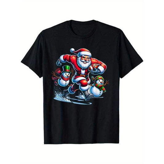 Christmas Football Santa Playing Football T-Shirt, weight 220g. Men's high quality cotton T-shirt, comfortable, versatile, soft and breathable, short-sleeved top made in usa
