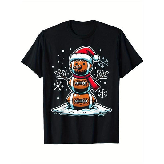 Christmas Football Snowman Holiday Sports Design T-Shirt, weight 220g. Men's high quality cotton T-shirt, comfortable, versatile, soft and breathable, short-sleeved top made in usa