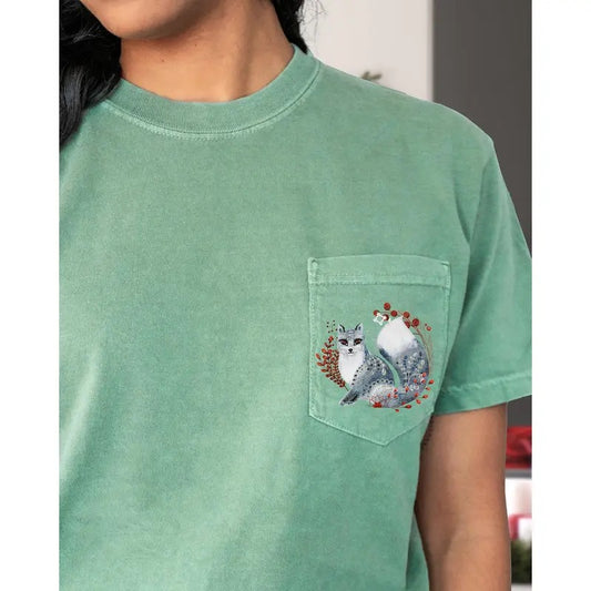 Christmas Fox, Pocket, Folk Art, Santa, Winter, Snow, Xmas, Flowers, Floral Pocket Tee, Women's Comfort Color Tee, Tshirt