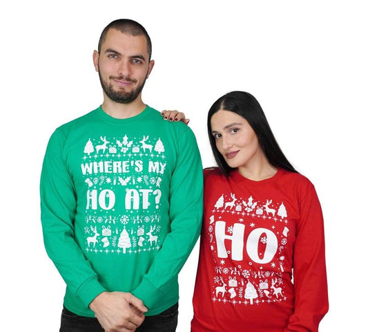 Christmas Funny Matching Outfits, Where's My Ho At Men's Green Sweatshirt, Ho Shirts, Couple Xmas Gift Sweater , Long Sleeve Crewneck Shirt