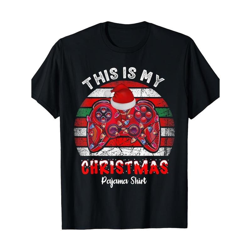 Christmas Gaming Controller Graphic T-Shirt - 100% Cotton, Crew Neck, Casual Fit, All-Season Knit Fabric, Slight Stretch, Adult Printed Tee Made in USA