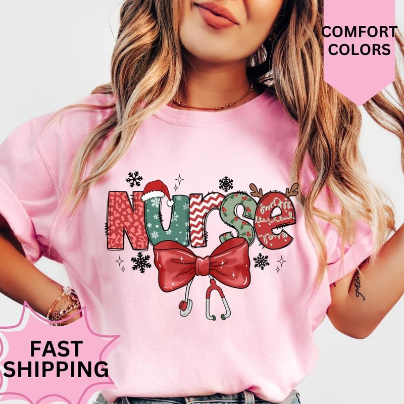 Christmas Nurse #2 Shirt, Comfort Colors, Christmas Coquette Shirt, Women's Holiday Tee, Casual Comfy Graphic