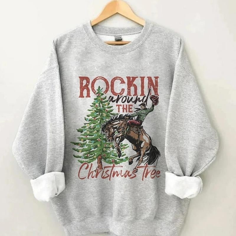 Christmas Retro Sweatshirt, Rockin Around The Christmas Tree Sweatshirt, Western Sweatshirt, Cowboy Christmas Sweatshirt, Christmas Gift, Family Shirt, Western Christmas Sweater, Merry Christmas Shirt, Country Christmas Tee