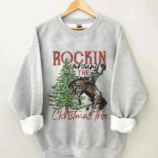 Christmas Retro Sweatshirt, Rockin Around The Christmas Tree Sweatshirt, Western Sweatshirt, Cowboy Christmas Sweatshirt, Christmas Gift, Family Shirt, Western Christmas Sweater, Merry Christmas Shirt, Country Christmas Tee