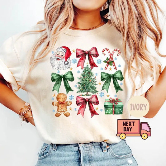 Christmas Santa Coquette Bow Candy Gingerbread T-shirt, Coquette Bow T-shirt, Christmas Trending Womens Shirt, Retro Holidays Shirt, Santa Claus T-shirt