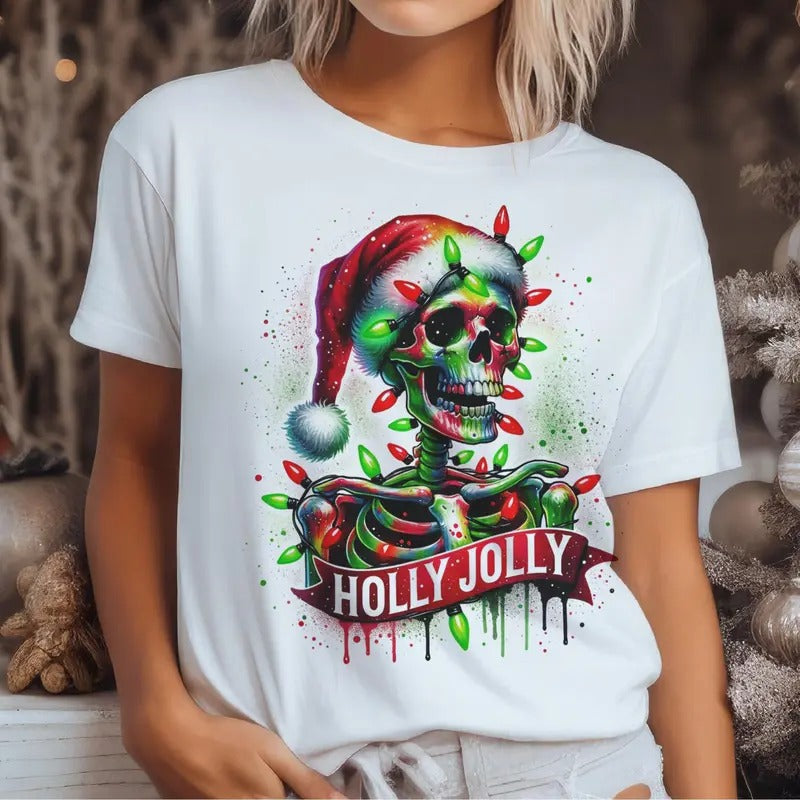 Christmas Skull Sweatshirt Holly Jolly Skull Tshirt Just Waiting for Christmas Skeleton Sweatshirt Santa Skull Floaty Pullover
