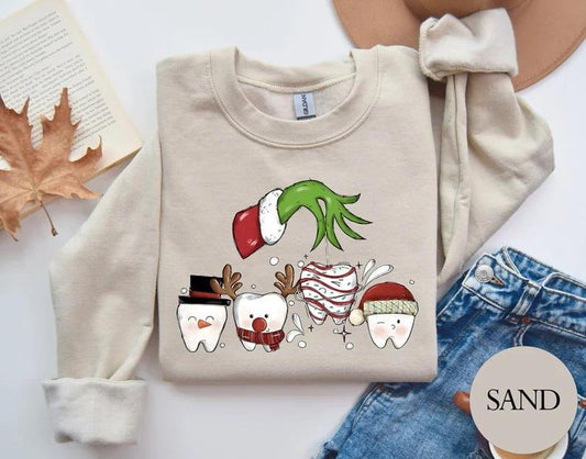 Christmas Teeth Crewneck Sweatshirt - Funny Cute Dental Hygiene Gift for Dentist - Holiday Sweater with Dental Squad