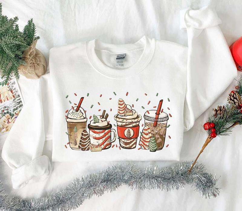 Christmas Tree Cake Coffee Hoodie, Christmas Coffee Lover Sweatshirt, Women Sweatshirt, Gift For Women, Peppermint Iced Latte Sweatshirt Clothes Comfort