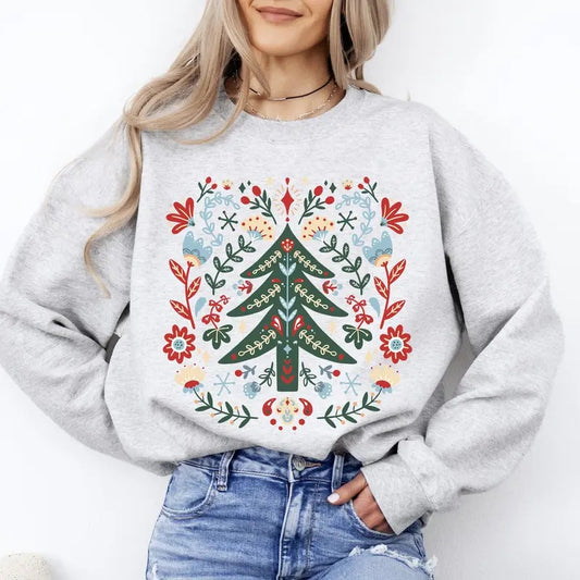 Christmas Tree Folk Art, Scandinavian, Classic, Santa, Floral Sweatshirt, Crew Neck, Women's, Crewneck