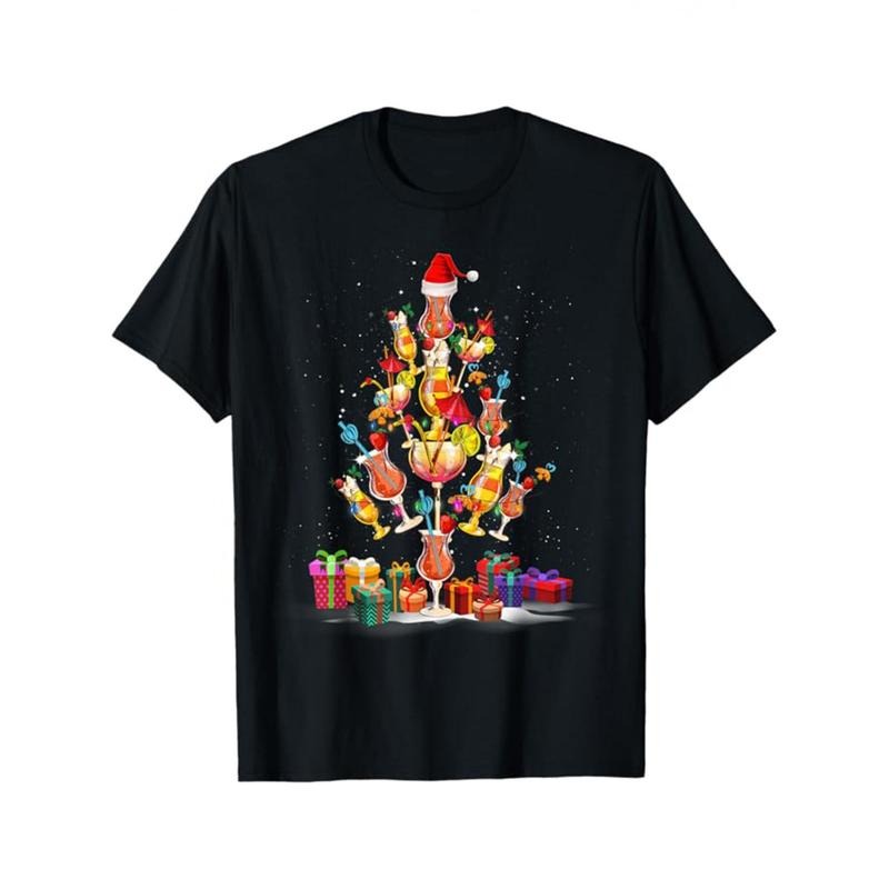 Christmas Tree Print Men's Cotton 220G T-shirt, Graphic Tee Men's Xmas Outdoor Clothes, Men's Clothing, Casual Short Sleeve Crew Neck T-shirt, Tops For Men, Gift For Men made in usa