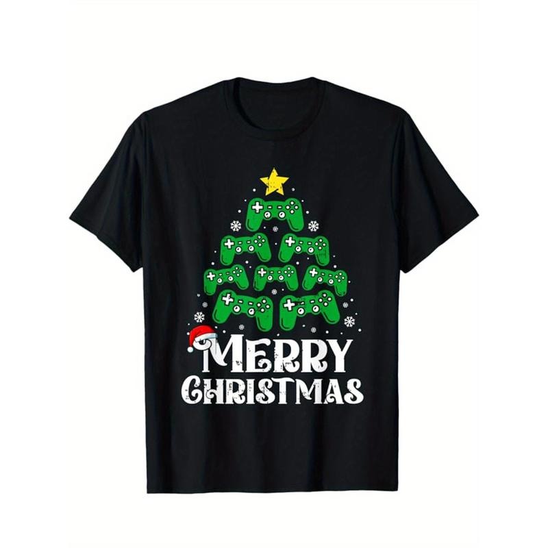 Christmas Tree Print Men's Cotton T-shirt, Graphic Tee Men's Xmas Outdoor Clothes, Men's Clothing, Casual Short Sleeve Crew Neck T-shirt, Tops For Men, Gift For Men made in usastyle{n002}14