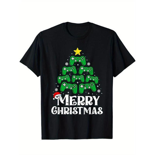 Christmas Tree Print Men's Cotton T-shirt, Graphic Tee Men's Xmas Outdoor Clothes, Men's Clothing, Casual Short Sleeve Crew Neck T-shirt, Tops For Men, Gift For Men made in usastyle{n002}14