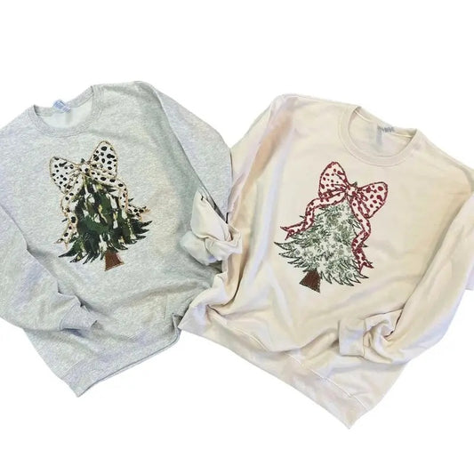 Christmas Tree with Coquette Bow - Dalmation Print Bow - Vintage Print Sweatshirt - Christmas Sweatshirt Women