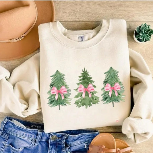 Christmas Trees With Pink Bows Sweatshirt, Hoodie, T - Shirt, Women's Oversized Christmas Shirt - Festive Printed Design - Cotton, Comfortable