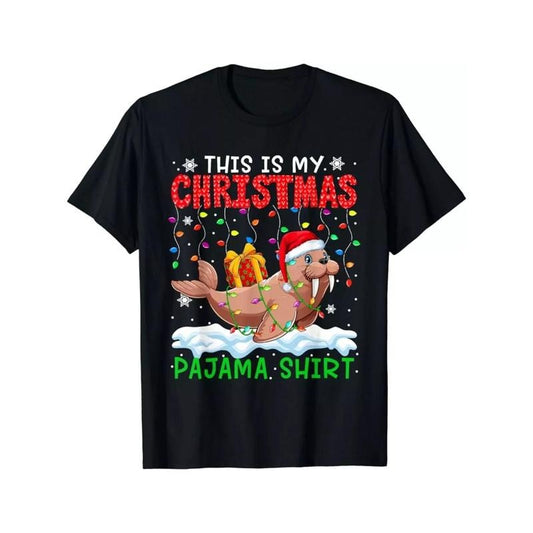 Christmas Walrus T-Shirt - 100% Cotton Crew Neck Short Sleeve Tee with Santa and Xmas Box Design, Casual Festive Top for Boys, All-Season Comfort, Perfect Gift for Children made in usa