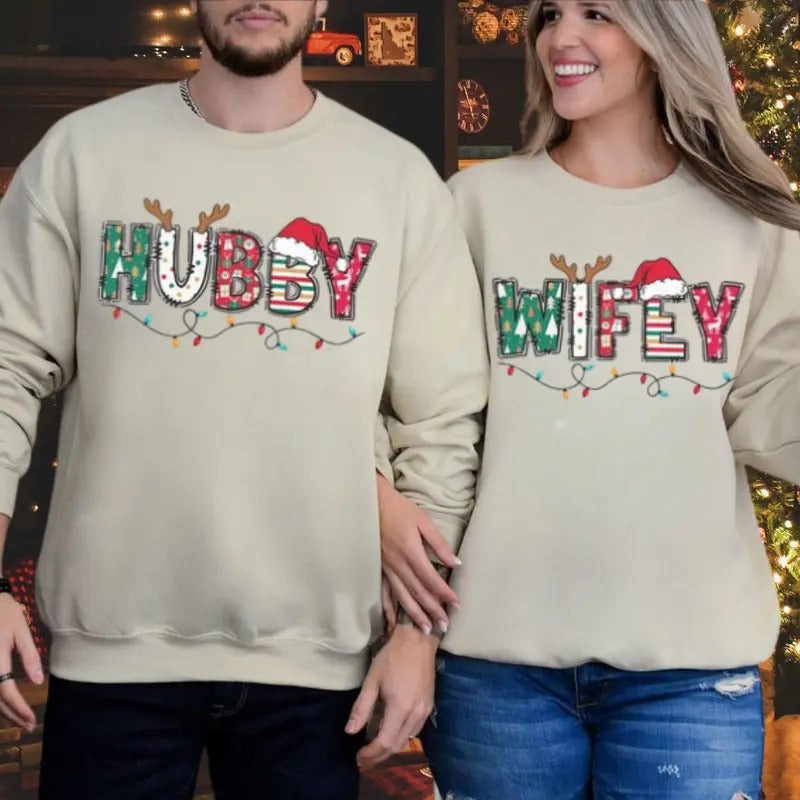 Christmas Wife and Husband Sweatshirt, Christmas Matching Shirt, Wifey and Hubby, Christmas Couple, Merry Christmas, Happy Christmas, Holiday Shirt