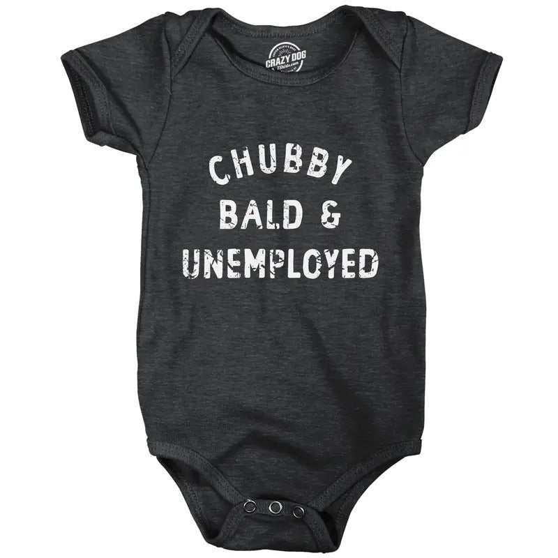 Chubby Bald and Unemployed Baby Bodysuit Funny Cute Jumper for Infants Funny Baby Onesies Funny Sarcastic Onesie Novelty Onesie Black -