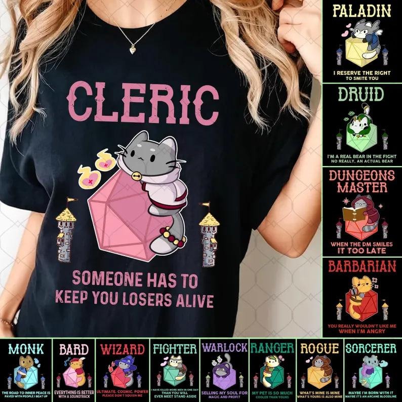 Cleric dnd shirt, dnd shirt, rogue love shirt, Cat DnD Shirt, Funny Unisex Tee, Mental Health DM Gift, Game Masters