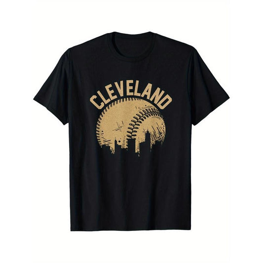 Cleveland Baseball Skyline Graphic T-Shirt, 100% Cotton Crew Neck Tee, Geometric-Patterned, Short Sleeve, Regular Fit, All-Season Casual Wear for Men, Soft & Breathable, Ideal for Sports & Daily Use, Great for Gifting Made in USA
