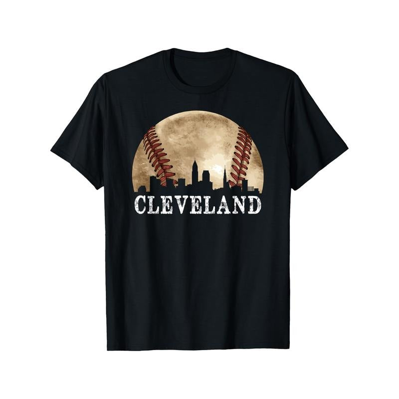 Cleveland Skyline City Vintage Baseball Lover T-Shirt Cotton Fun Design DIY Men's Soft breathable Summer and winter comfortable casual sports Halloween and Christmas gifts made in usa