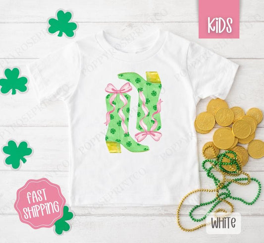Clover Boots Kids Shirt - St Patrick's Day Children's Tshirt - Cute Youth Tee Gildan