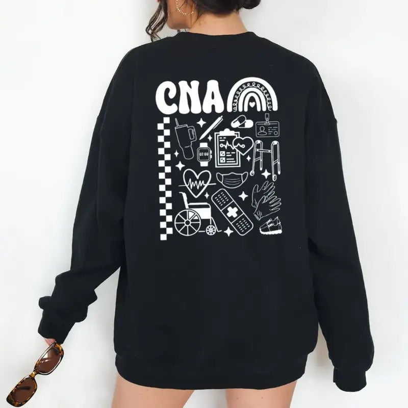 Cna Nursing Assistant Sweatshirt, Unisex Crewneck Pullover Tee, Black Cotton Casual Sweatshirt with "CNA" Print, Unisex Design Menswear Soft
