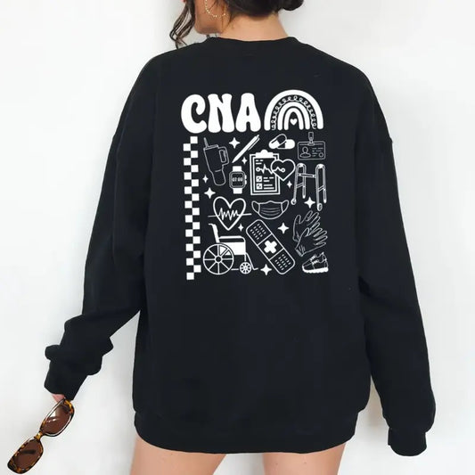 Cna Nursing Assistant Sweatshirt, Unisex Crewneck Pullover Tee, Black Cotton Casual Sweatshirt with "CNA" Print, Unisex Design Menswear Soft