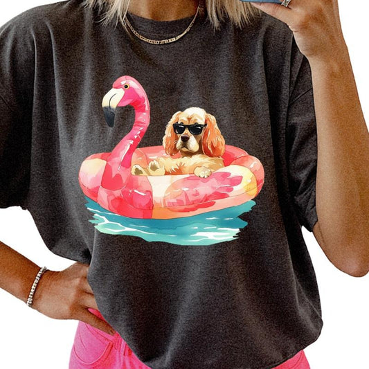 Cocker Spaniel Flamingo Float Dog Shirt ~ Unisex Apparel Relaxed Fit Printed In The USA Clothing Womenswear Casual Comfort Cotton Top Athletic Boho Chic