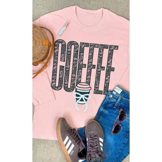 Coffee Lace Graphic BF Long Sleeve T-Shirt