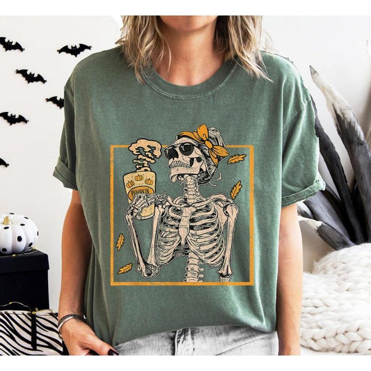Coffee Lover Skeleton Lady, Mom, Retro, Aesthetic, Vintage, Comfort Colors Tshirt, Women's Crew Neck, Crewneck
