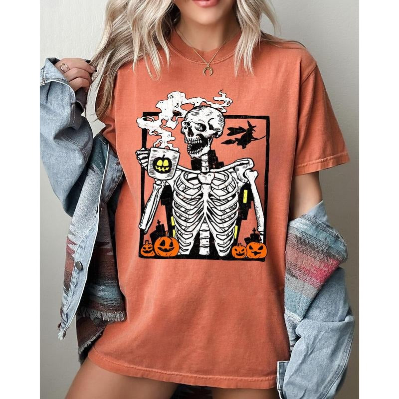 Coffee Lover Skeleton, Funny, Witch, Aesthetic, Meme, Halloween, Spooky, Costume, Tshirt, Women's, Comfort Colors Tee, Spooky, Tshirt, Witch, Pumpkin, Ghost, Skeleton
