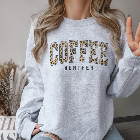 Coffee Sweatshirt Coffee Weather Pullover Coffee Lovers Sweatshirts Cozy Winter Sweatshirt Leopard Print Coffee Print Pullover Unisex Cozy Sweatshirt Coffee Mom Pullover Casual Clothing Long Sleeve Womenswear