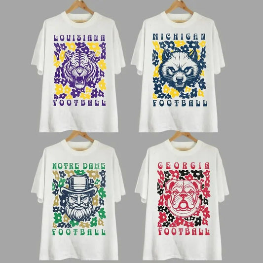 College All Teams NCAA Flower Mascot Custom T-shirt, Casual Cotton Unisex T-shirt, All Teams for Fan, Alabama, Clemson, Florida State, Notre Dame, Ole Miss