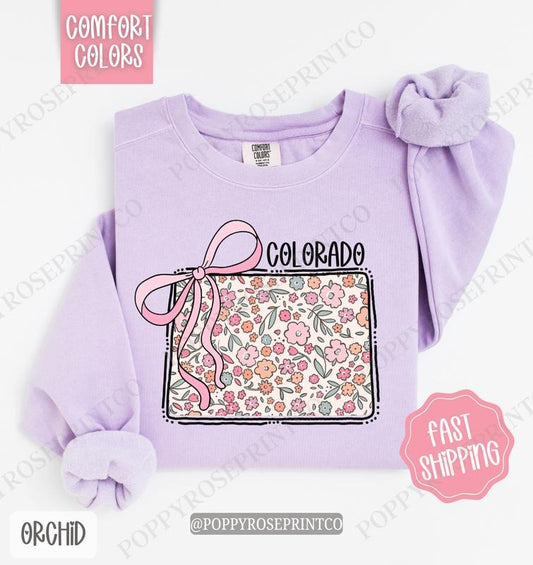 Colorado Floral Comfort Colors Sweatshirt, Colorado Sweatshirt, Cute Bow Colorado Sweatshirt